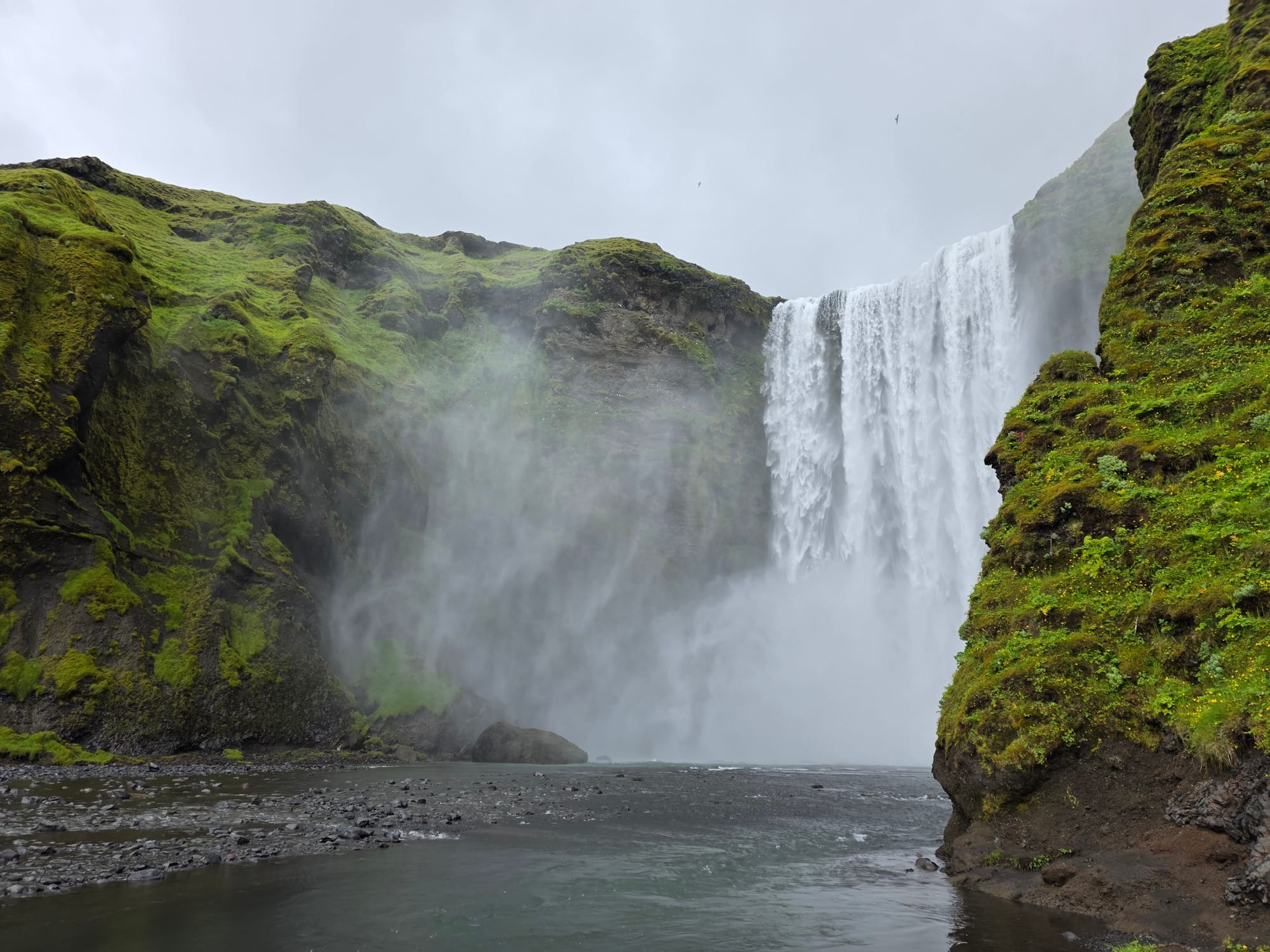 Skógafoss pouring into a misty green gorge