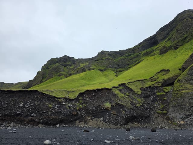 Green-topped cliffs over Reynisfjara’s black sand
